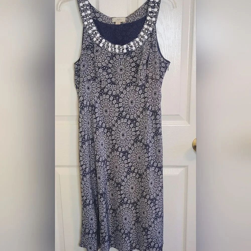 LOFT Blue White 14 Embellished 100% SILK Lined Floral Print Slvlss Women Dress